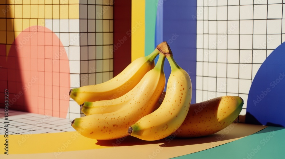Aufkleber Ripe bananas are arranged neatly against a vibrant background of geometric shapes in a creative studio atmosphere. Generative AI