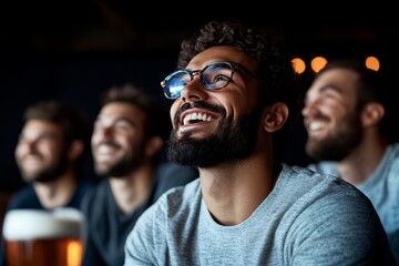 Obraz premium A cheerful group of men focus intently on a screen while enjoying each other's company in a lively bar or pub setting full of energy and camaraderie.