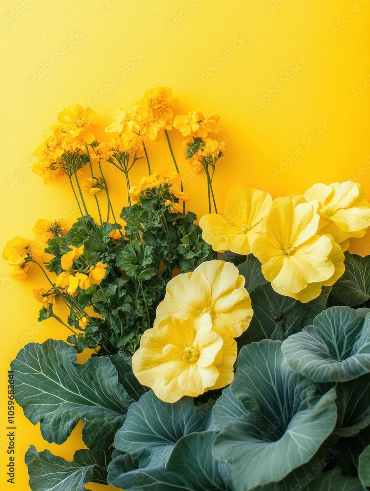 Poster close-up view of yellow flowering plants showcasing lush cabbage and squash blooms thriving in a spr