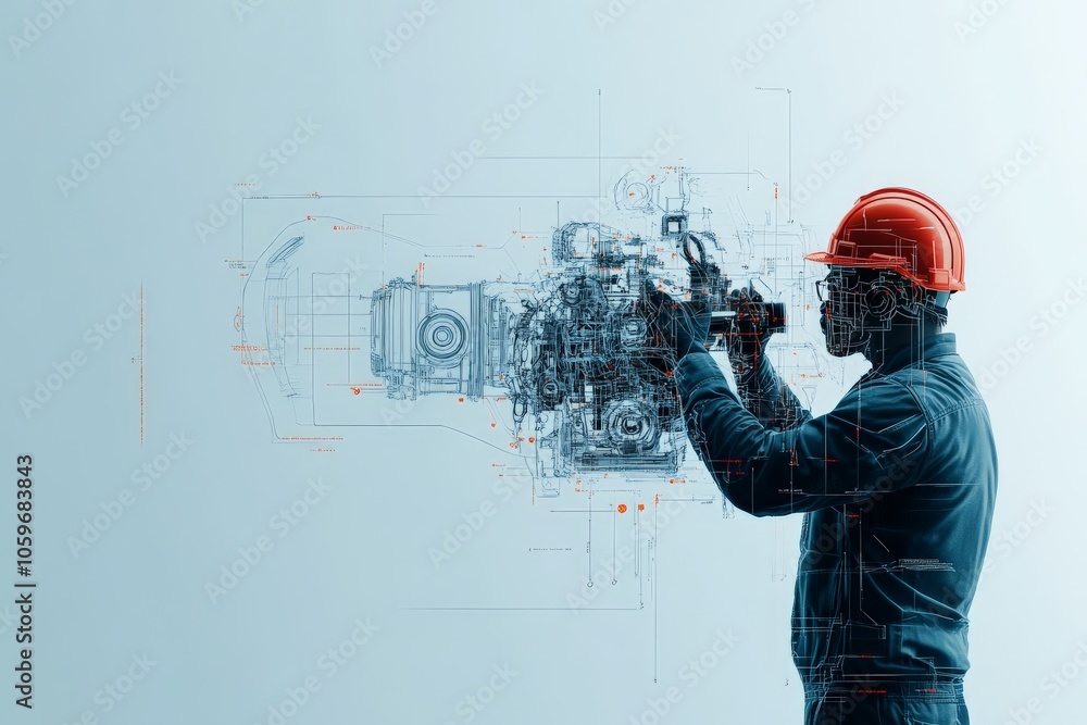 Poster an engineer wearing a red helmet intensely focuses on a complex mechanical design, showcasing the pr