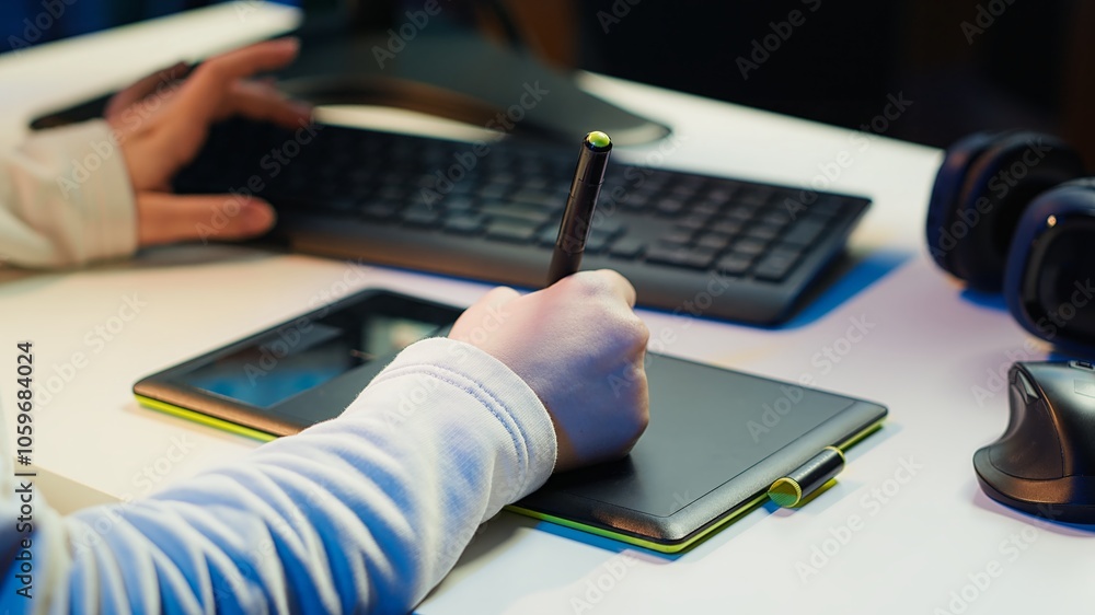 Poster photo editor using graphic tablet to edit color balance, delivering appealing photographs for magazi