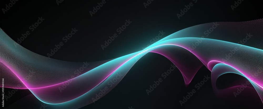Poster neon waves and curves on dark background with dynamic flow and vibrant glow