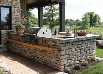 Beautiful outdoor kitchen with stone walls and built-in grill