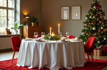 Obraz premium Christmas table with a white tablecloth, plates, glasses and Christmas decor in a large bright house against the backdrop of a Christmas tree.