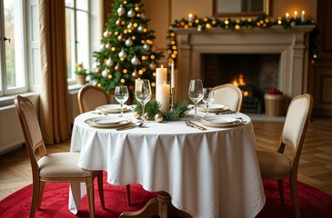 Christmas table with a white tablecloth, plates, glasses and Christmas decor in a large bright house against the backdrop of a Christmas tree.