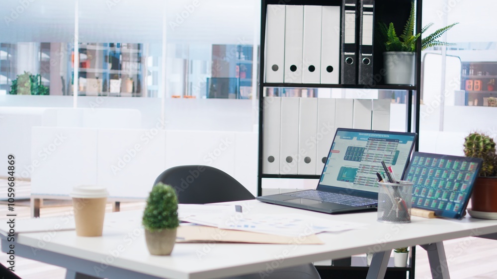 Poster empty company financial department with stock portfolio on laptops containing collection of investme