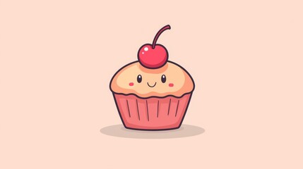 A cute cartoon cupcake with a cherry on top, smiling.