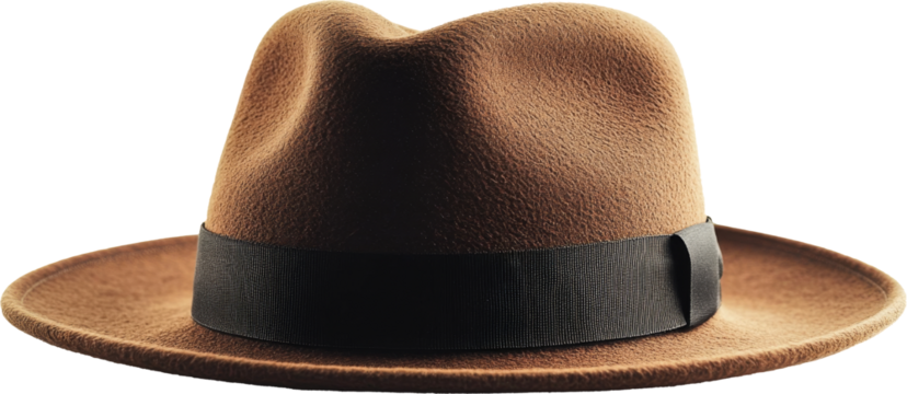 Brown felt fedora hat with black ribbon on transparent background. Classic fashion accessory concept