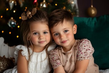 Two little girls sitting on couch in front of Christmas tree, surrounded by festive decorations, smiling warmly.