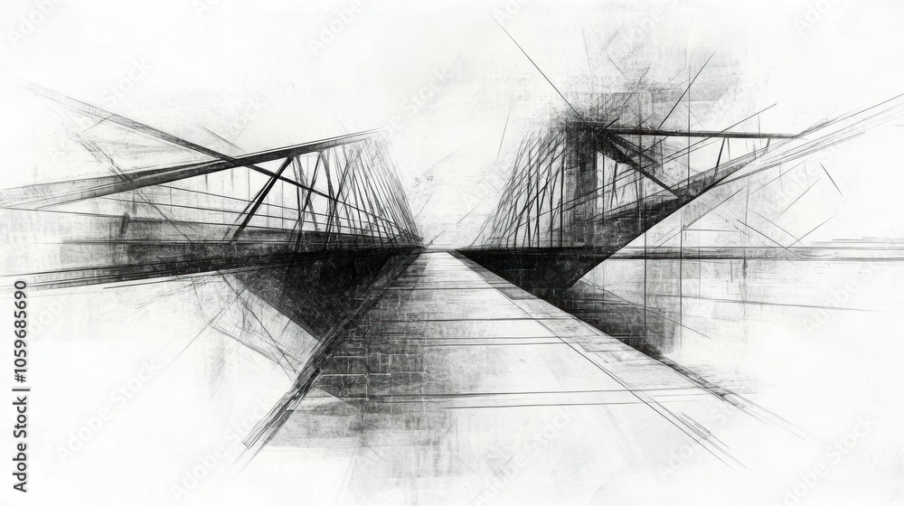 Poster this abstract drawing showcases a bridge design, emphasizing geometry and perspective in a unique ar