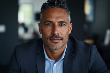 Fototapeta premium A serious grey-haired man with a beard sits indoors in business attire, exuding an air of determination and strategic thinking for professional success.