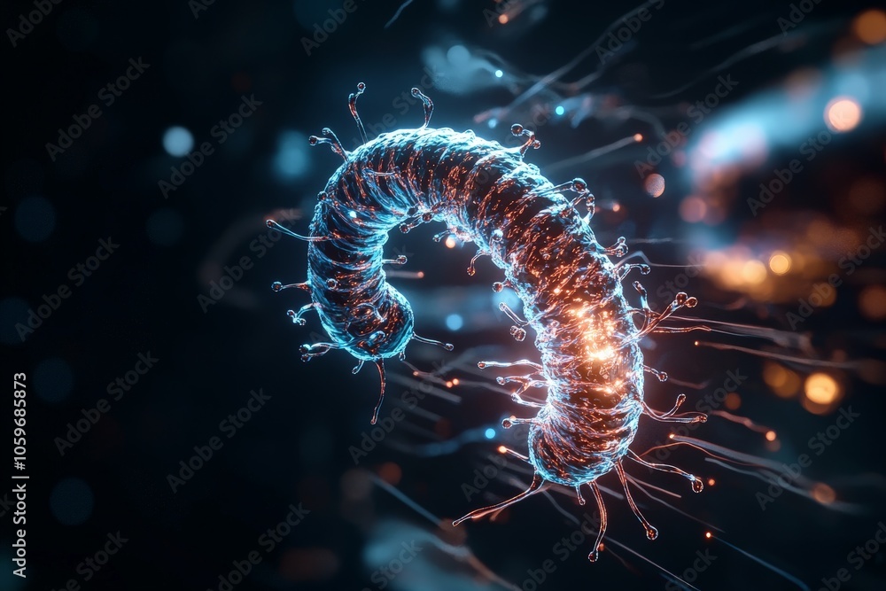 Poster an abstract depiction of a glowing worm-like structure floating in a fluid, ethereal environment, sh