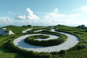 Obraz premium A stunning aerial view of a lush green hedge maze set against a brilliant blue sky, symbolizing complexity in nature and offering a path to exploration.