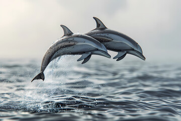 Obraz premium Two dolphins gracefully leaping out of the ocean, showcasing their playful nature against a soft, misty background.