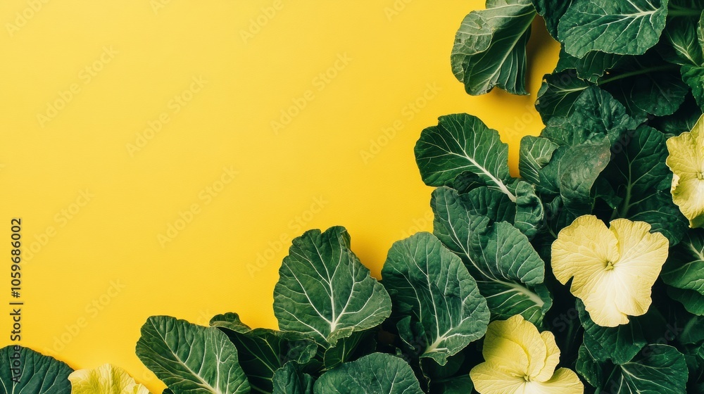 Poster lush flowering cabbage and squash plants showcase their intricate details, highlighted against a vib