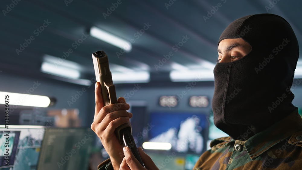 Poster portrait of terrorist loading gun, attacking enemy command center. close up of masked insurgent relo