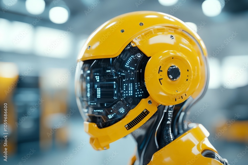 Poster this image features an advanced, yellow robot head with vibrant digital circuitry, emphasizing the i