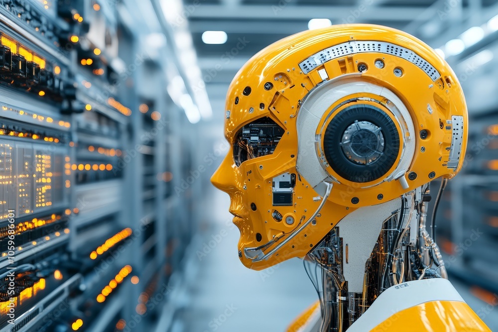 Poster this image shows a robot head adorned with intricate yellow mechanical details, set against a backgr