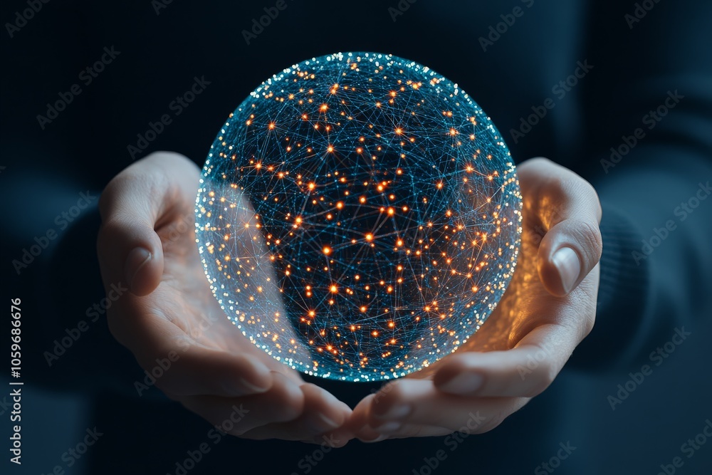 Poster the image shows hands holding a luminous sphere, representing the concept of worldwide interaction a