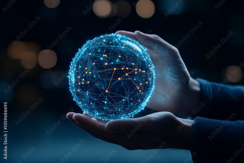 Aufkleber a soft blue digital sphere with intricate networking patterns is gently cradled by human hands, symb