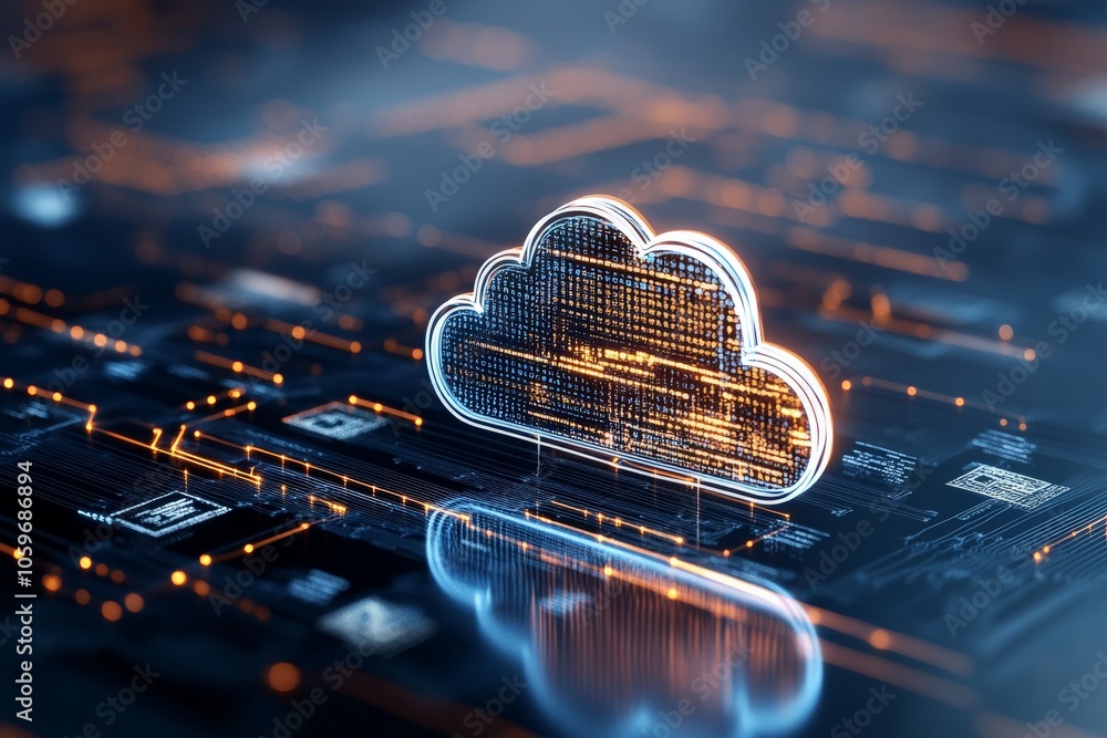 Poster a modern digital cloud is represented as a holographic image, glowing with intricate electronic circ