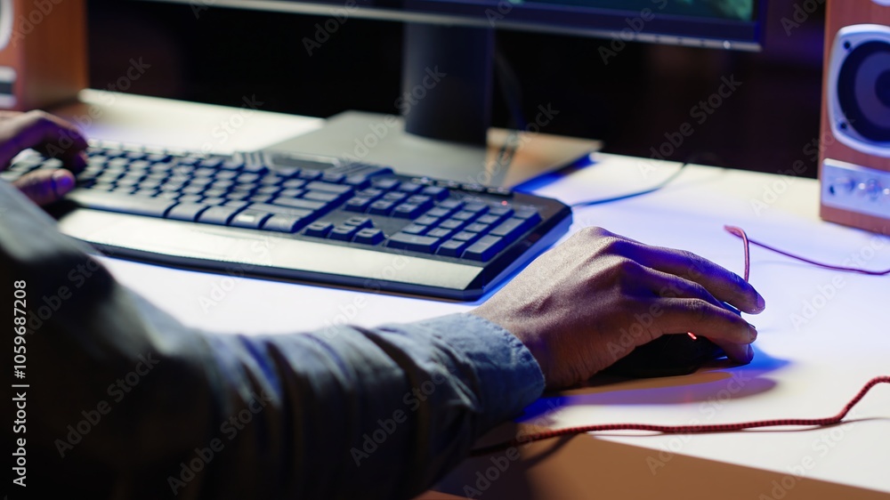 Aufkleber keyboard and mouse used by gamer competing in online multiplayer videogame at home, close up. focus 