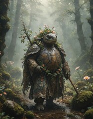 Fototapeta premium Enchanted forest turtle druid: mystical creature in a lush woodland setting