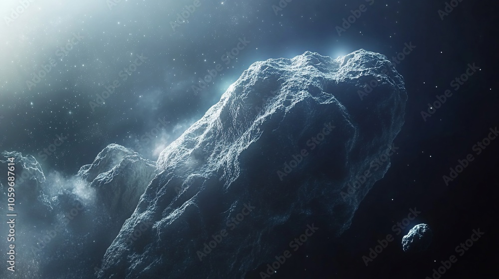 Poster a large asteroid in space with a bright light in the background.