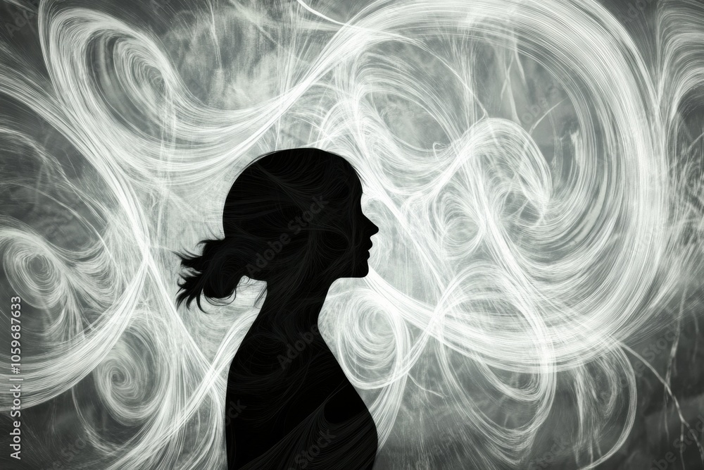 Leinwandbilder A figure stands in profile, lost in thought, surrounded by swirling patterns of light and shadow, evoking a sense of introspection. Generative AI