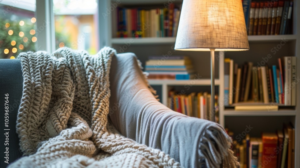 Poster a quiet haven for book lovers this reading nook exudes warmth with a soft throw blanket a floor lamp