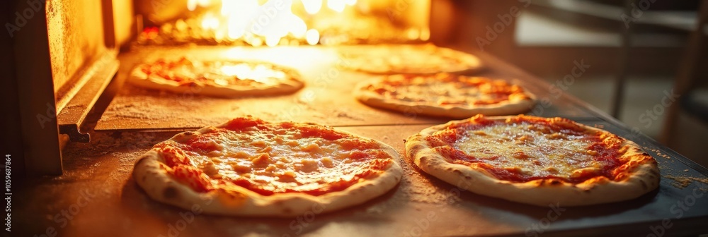Poster several pizzas are baking in a hot oven, surrounded by flames, creating a mouthwatering atmosphere o