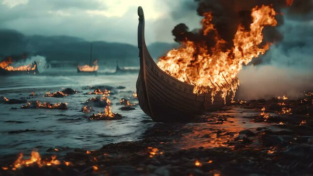 Viking Ship Ablaze on the Water A Stunning Historical Tribute to ancient seafaring lore and adventures