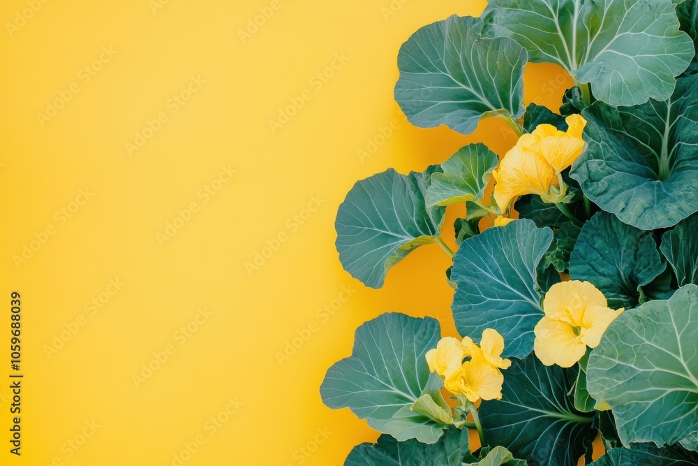 Aufkleber clusters of yellow flowers emerge from lush green leaves in a bright garden, creating a striking vis