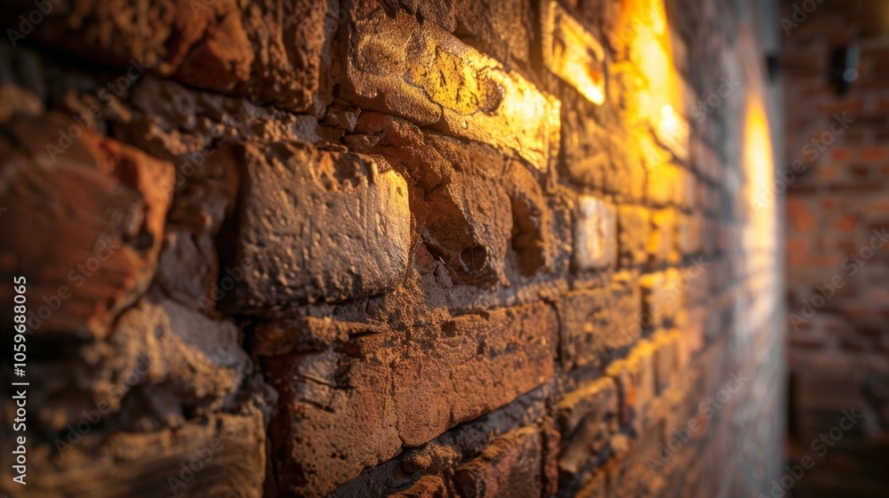 Poster a closeup of the exposed brick walls with soft lighting highlighting the texture and creating a warm