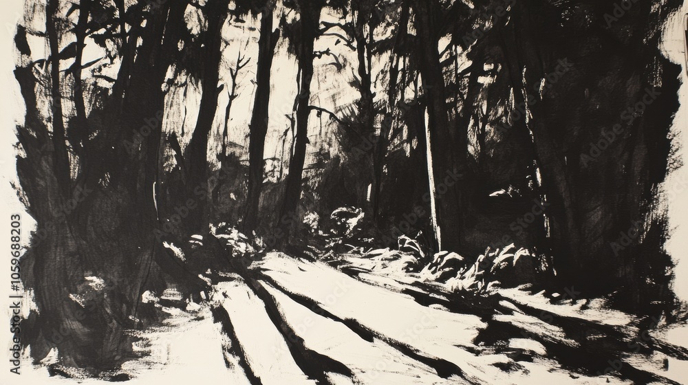 Poster this artwork illustrates a dense forest filled with intricate details of trees and shadows, showcasi