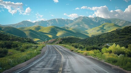 Fototapeta premium Winding asphalt highway cutting through a majestic mountainous landscape with lush green meadows rolling hills and rugged peaks in the distance under a bright blue sky with fluffy white clouds