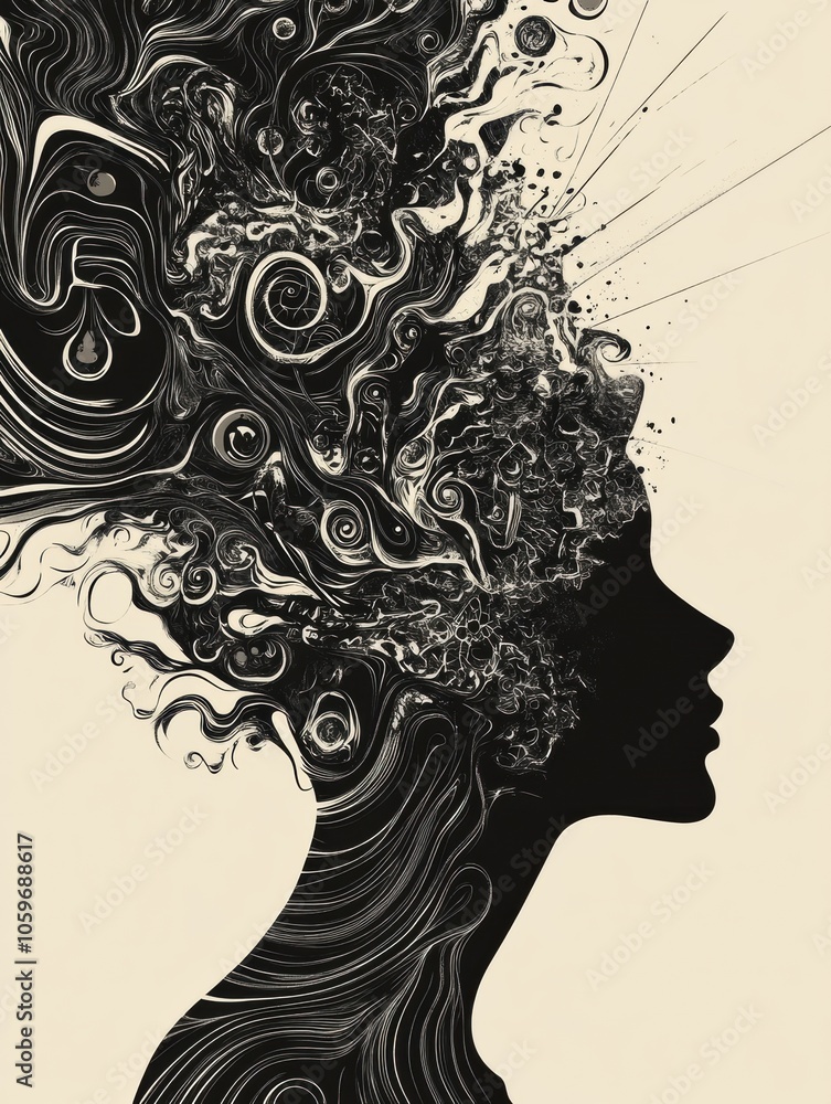 Poster a striking silhouette showcases swirling patterns emerging from a person's head, illustrating the co