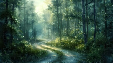 Obraz premium Enchanting Misty Forest Path Winding Through Lush Green Landscape of Towering Trees Sunlight Filtering Through Foliage Creating a Mysterious and Tranquil Atmosphere Inviting Peaceful and Adventure