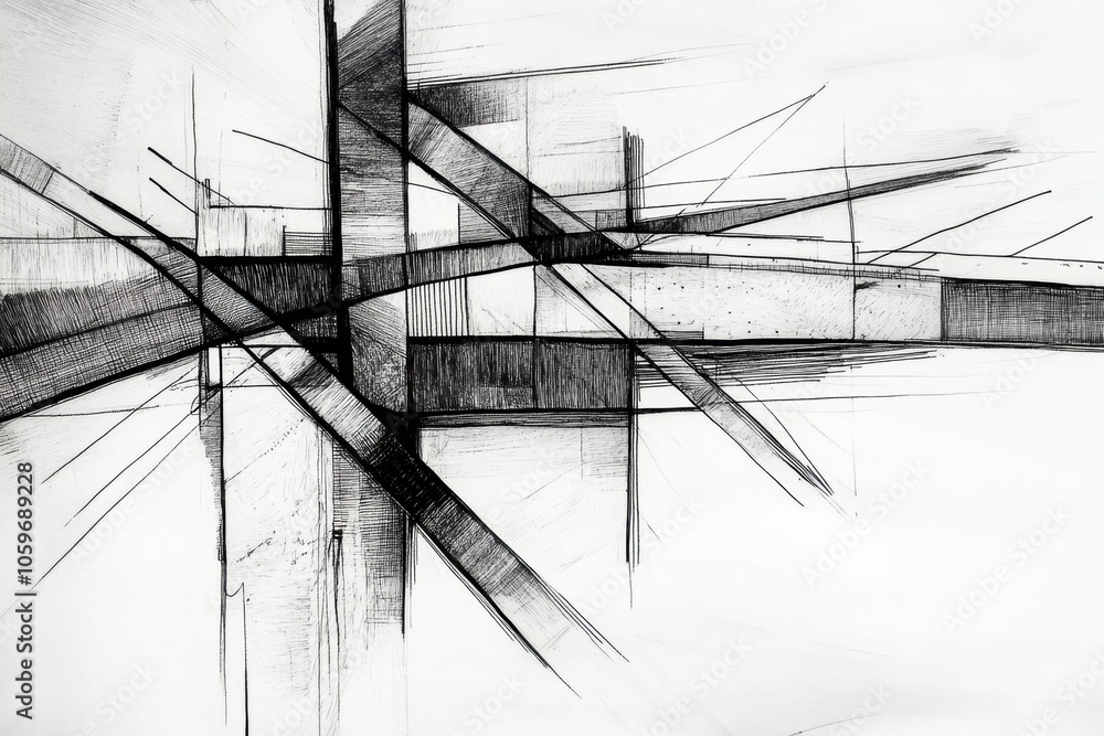 Poster this abstract drawing features a complex representation of a bridge, emphasizing sharp angles and in