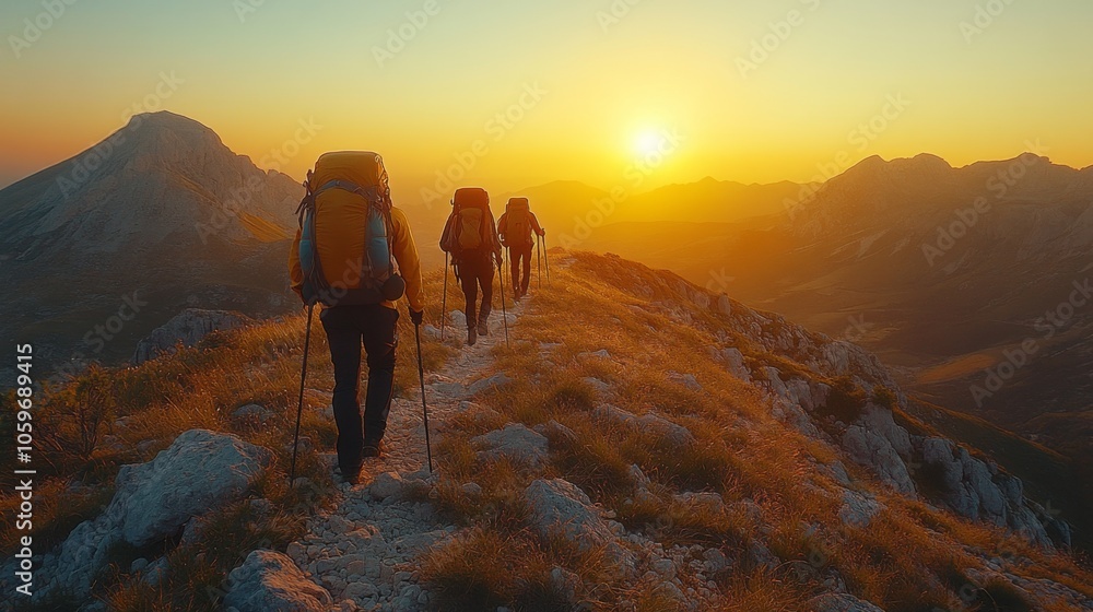 Poster a group of hikers makes their way along a rugged mountain path as the sun sets, casting warm golden 