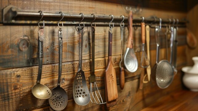 The warm and inviting display of kitchen utensils hanging on a wallmounted rack.