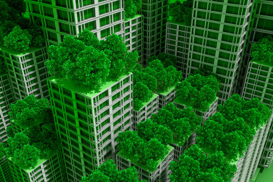 Ecological cityscape featuring lush greenery on urban rooftops