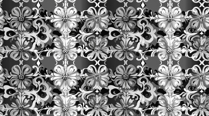 Seamless gray patterned design featuring ornate Portuguese decorative tiles and Moroccan arabesques perfect for textile and wallpaper applications