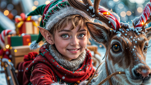 Festive Elfo and Reindeer with Holiday Gifts