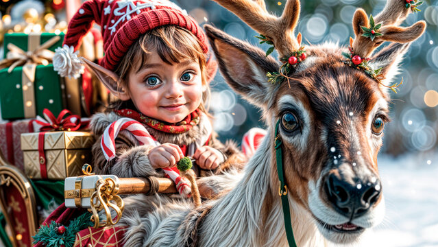 Festive Elfo and Reindeer with Holiday Gifts