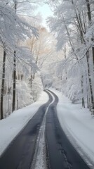 Enchanting Snowy Forest Path in Peaceful Winter Landscape  Tranquil scene of a winding road covered in fresh white snow surrounded by tall trees with snow covered branches in a serene