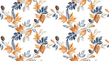Obraz premium Hand drawn seamless pattern featuring an autumn wreath design with space for text showcasing oak and birch leaves alongside acorns in ink and watercolor illustration