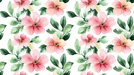 Seamless pattern of delicate watercolor flowers and green leaves on a white background ideal for textile and wallpaper design