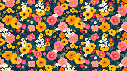 Seamless pattern of small colorful rose flowers featuring a vibrant yellow and pink design ideal for spring themed projects with customizable text area