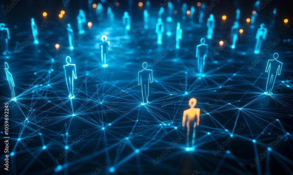Poster this features minimalist abstract concept of business contacts represented by glowing figures connec